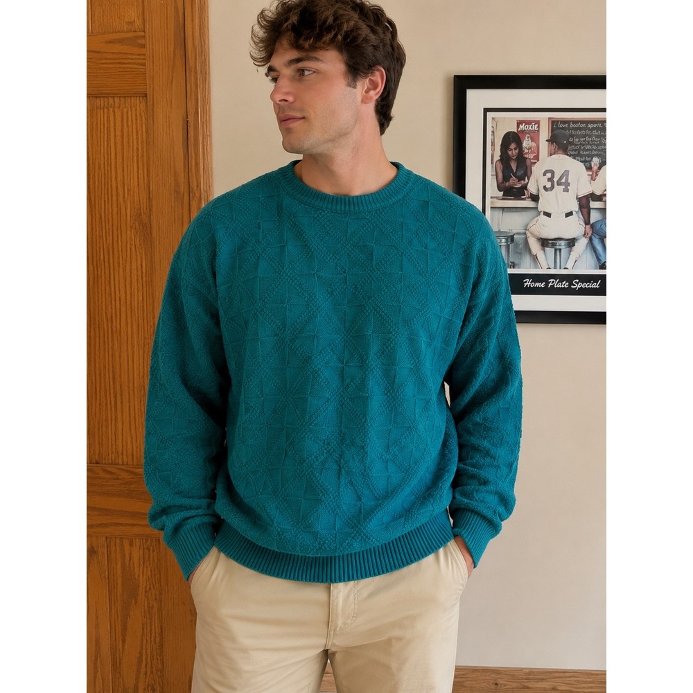Gulf‎ Traders Mens Teal Green Geometric Textured Knit 100% Cotton Sweater Medium